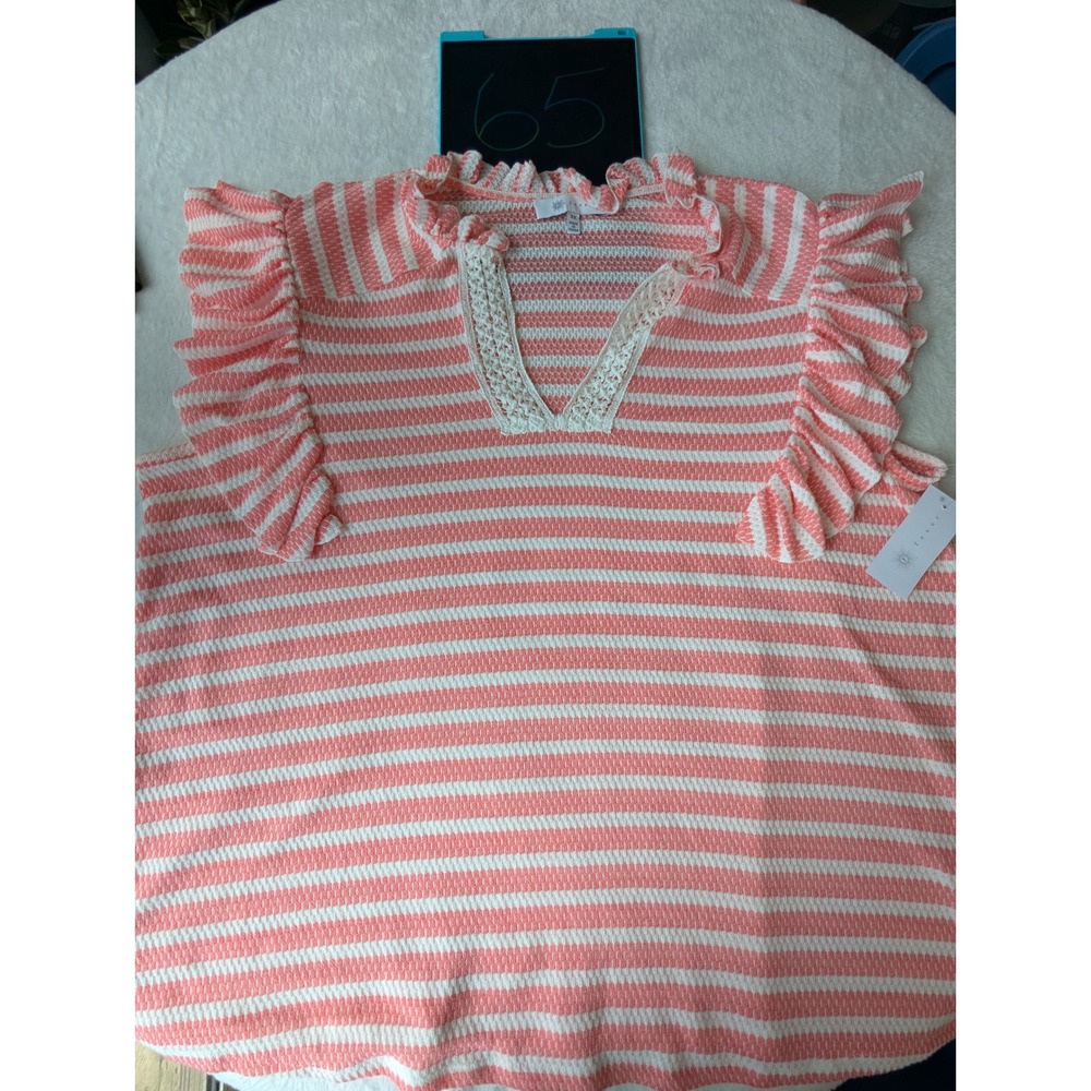 Fever Stripe Top Womens 3X Coral White NEW Ruffle Lace V-Neck shirt